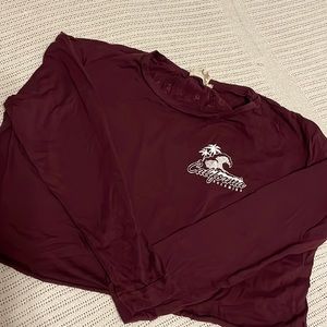 Maroon/red, long sleeve crop top.